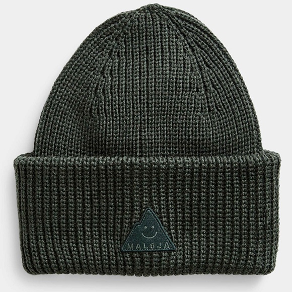 Maloja mossy green 100% lambswool happy mountain emblem ribbed tuque hat NWT - Picture 1 of 11